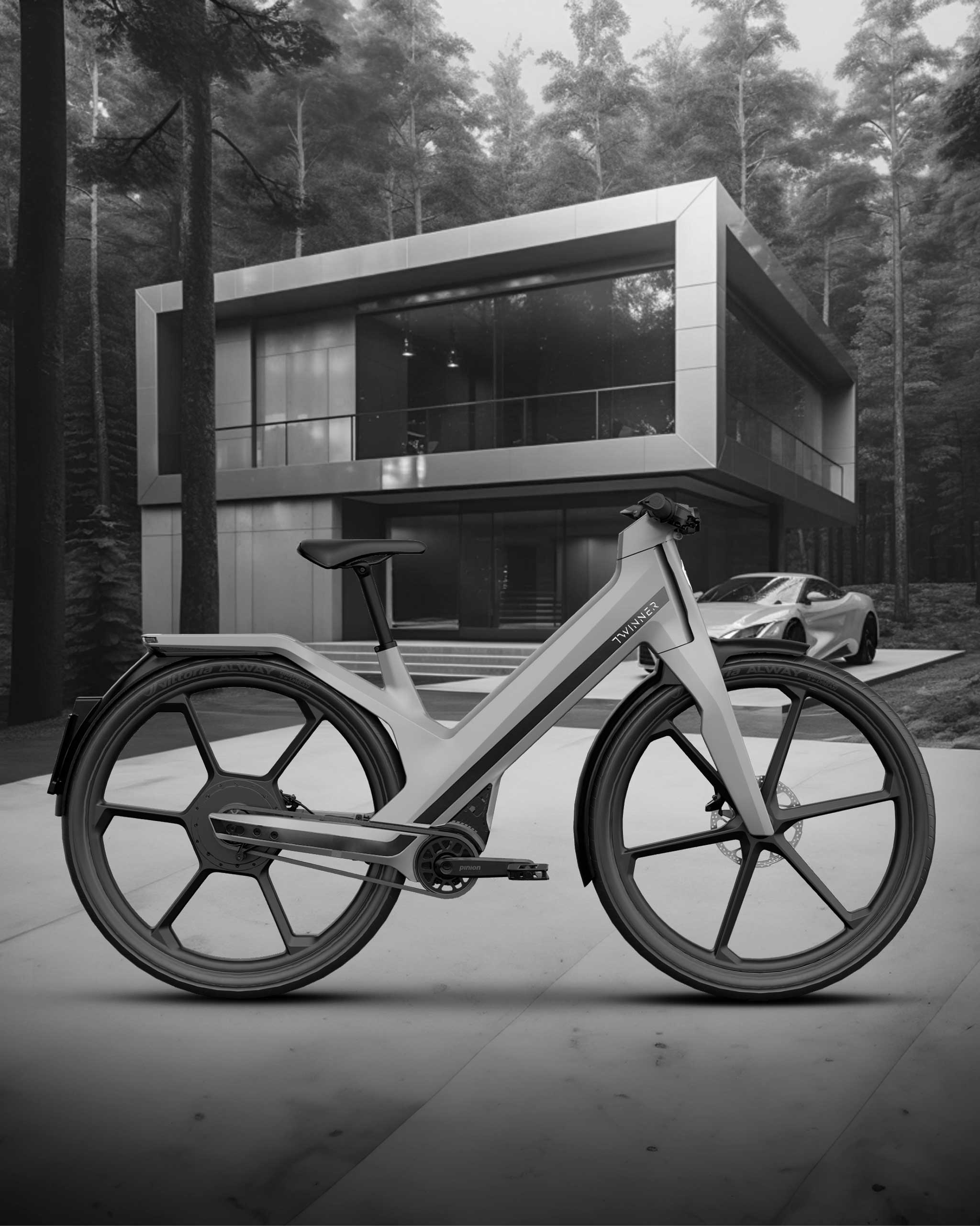 Twinner E-Bike Ice Blue, parkiert vor Design Haus